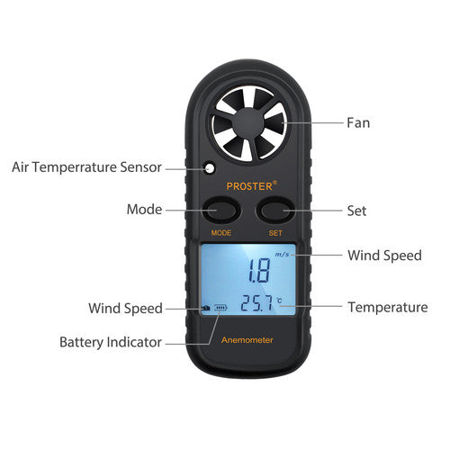 Proster Digital Anemometer Handheld LCD Air Flow Wind Speed Meter Thermometer