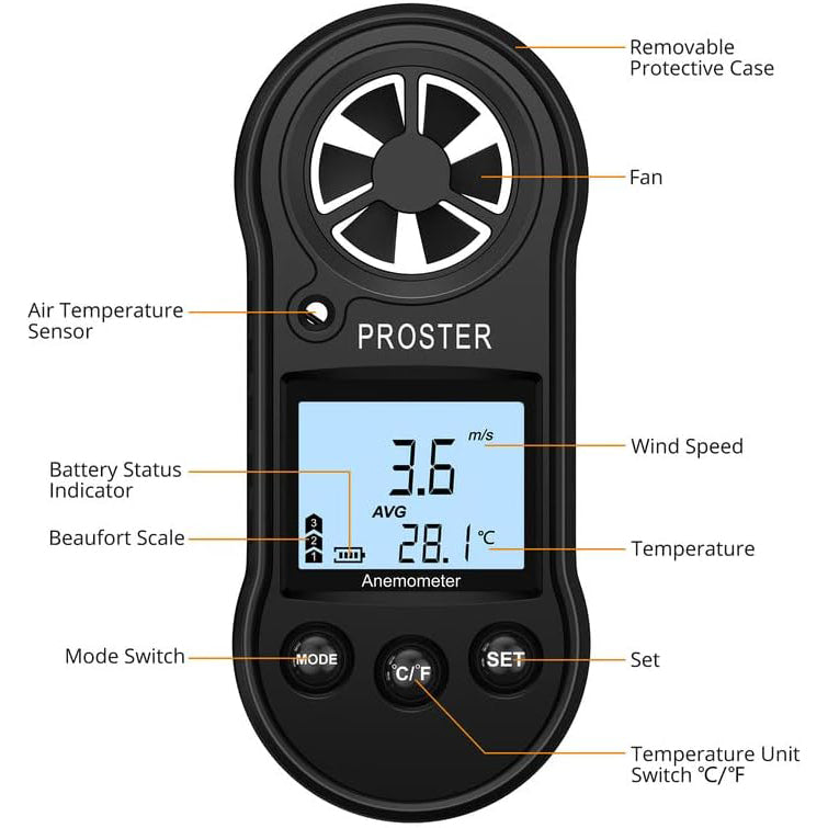 Proster Wind Speed Gauge Portable Handheld Anemometer