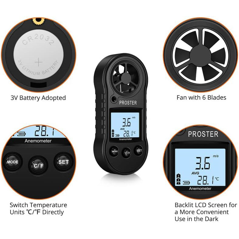 Proster Wind Speed Gauge Portable Handheld Anemometer