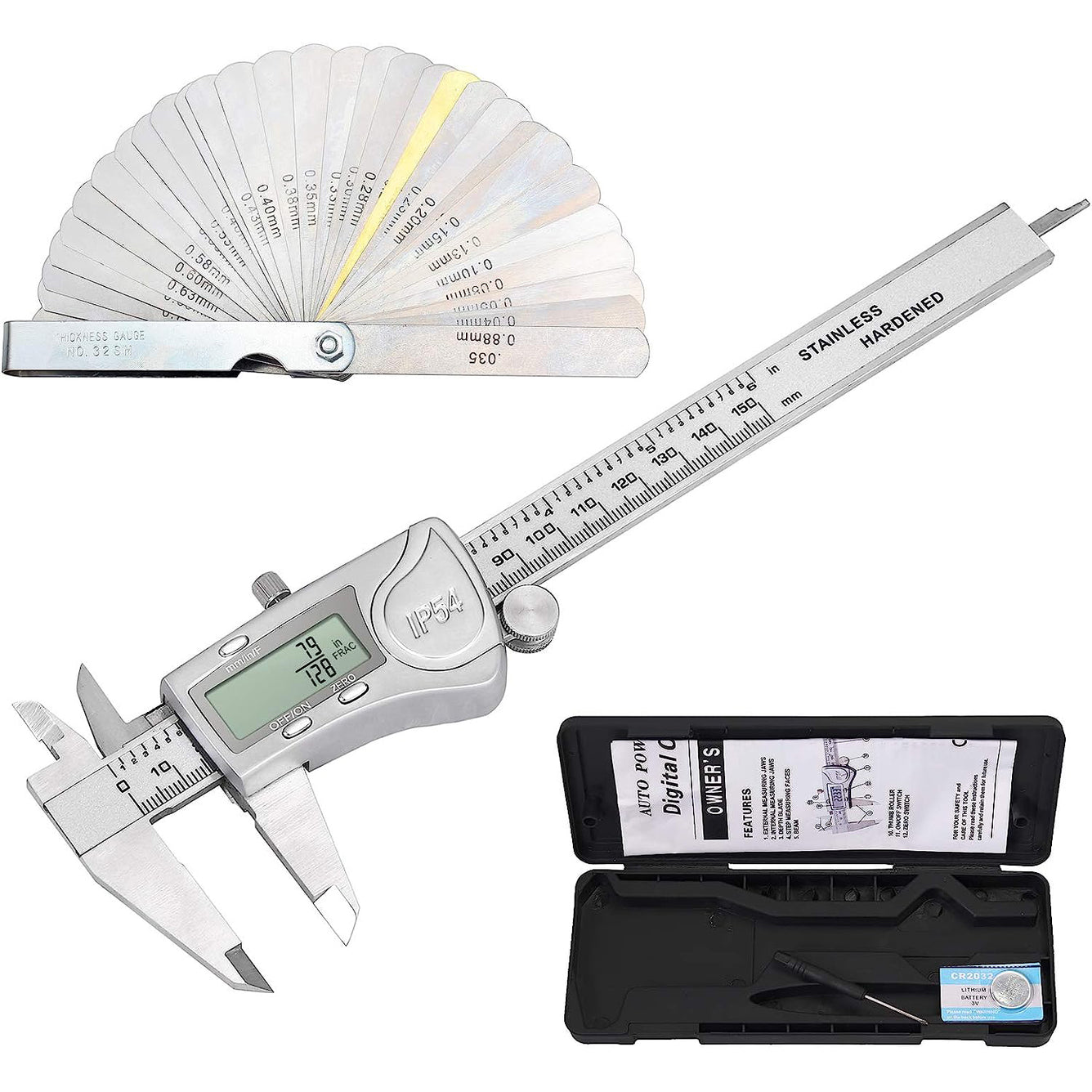 Proster IP54 Digital Caliper 6inch, Vernier Caliper with Large LCD Screen with 32 Blades Feeler Gauge