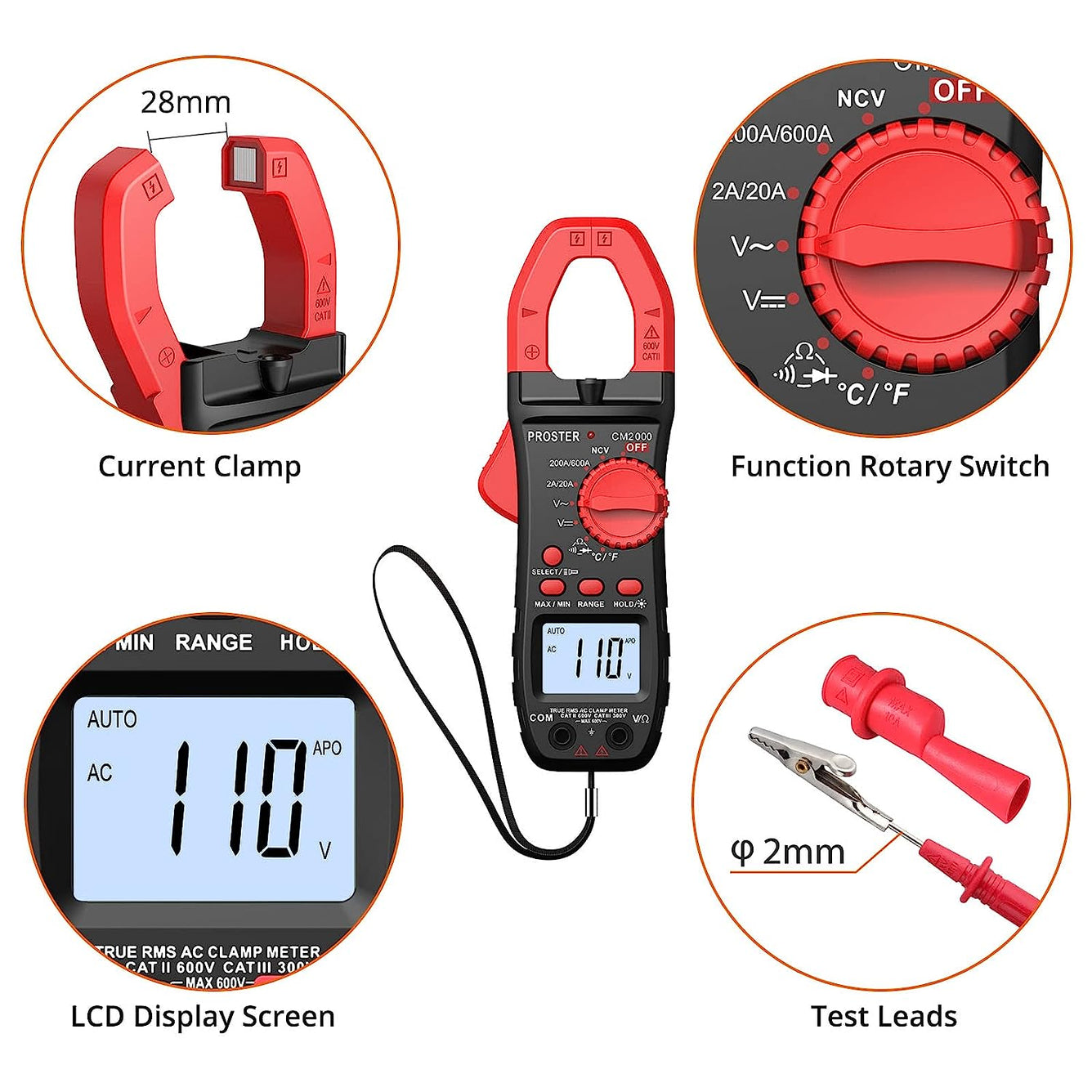 Proster Clamp Meter TRMS 2000Counts 600A AC Current AC/DC Voltage