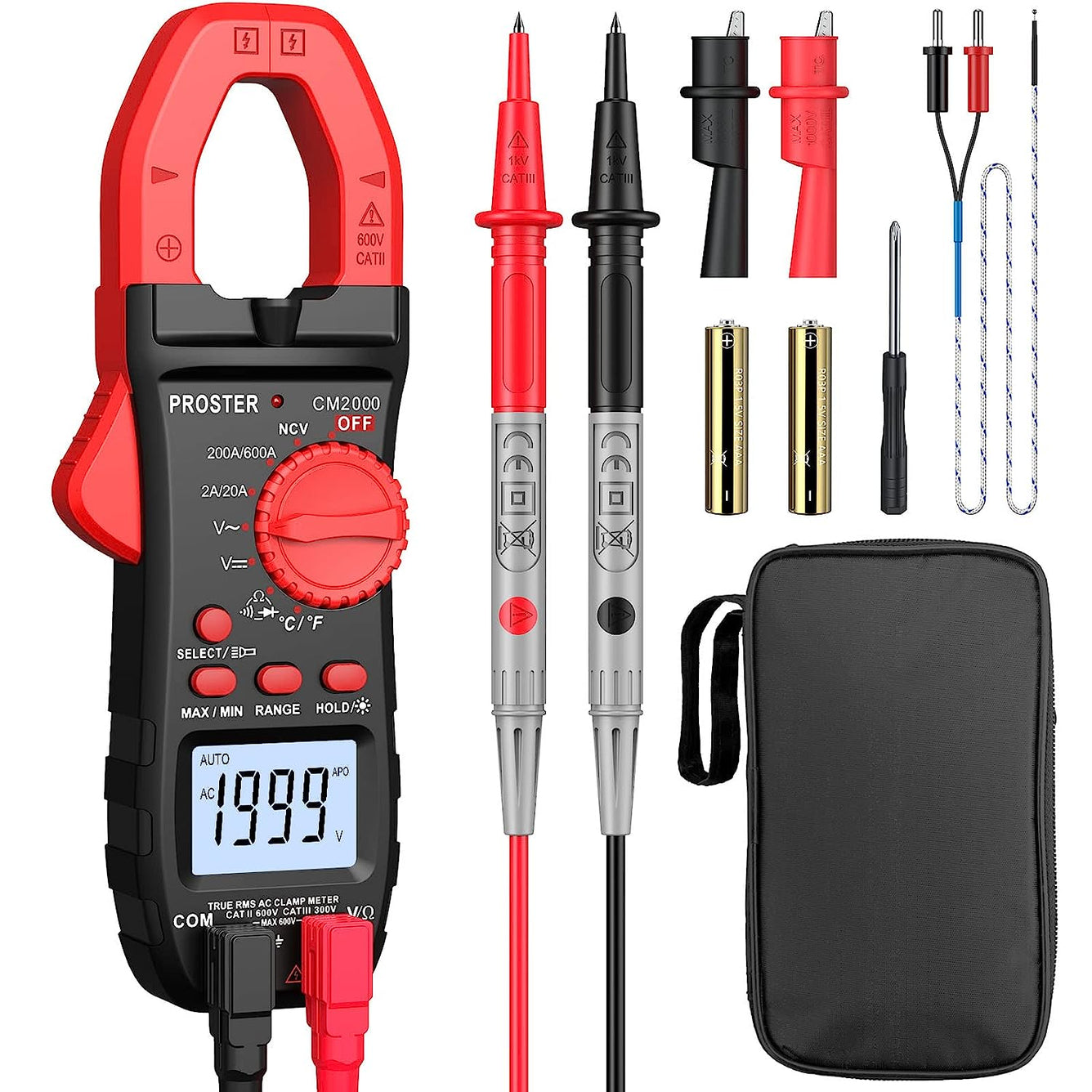 Proster Clamp Meter TRMS 2000Counts 600A AC Current AC/DC Voltage