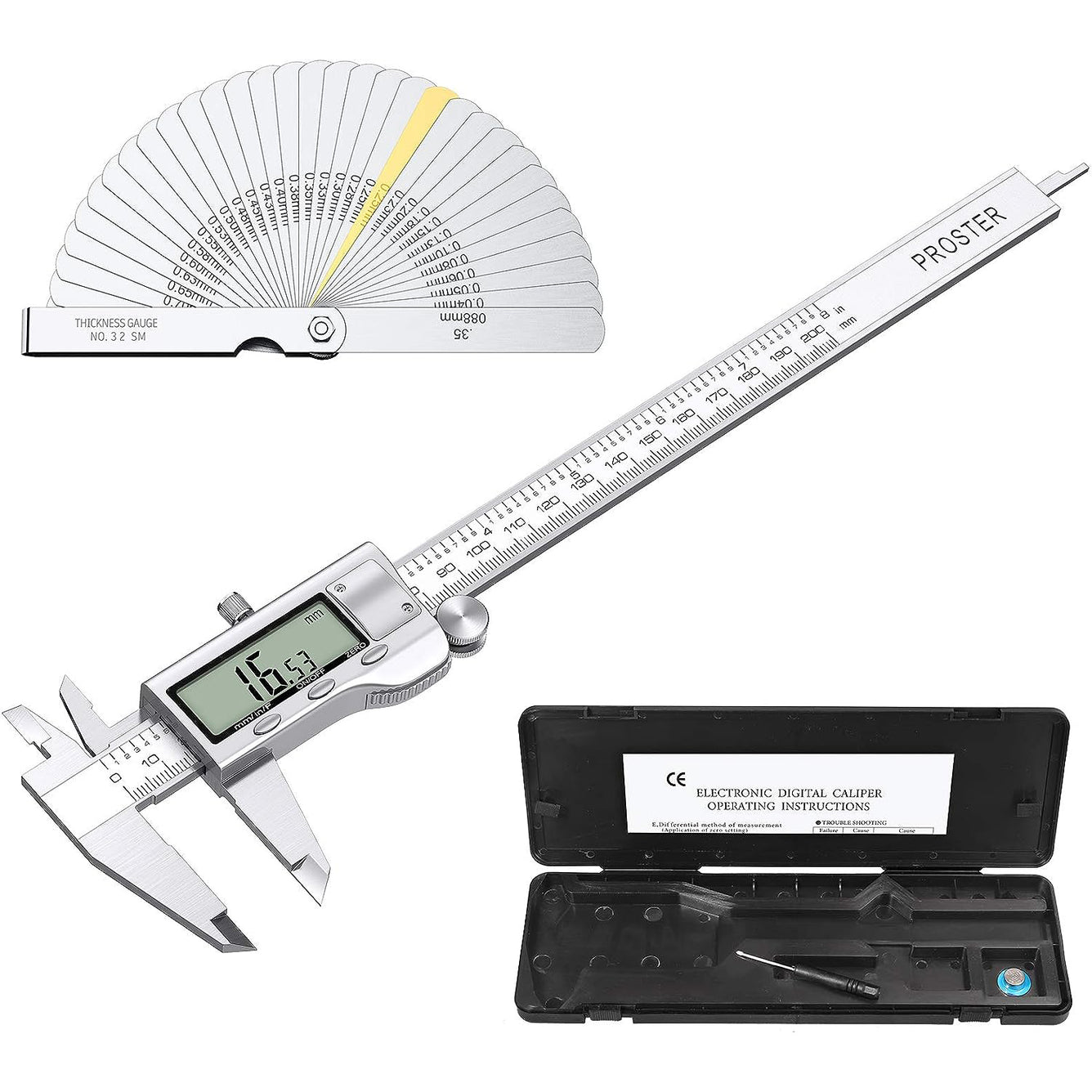 Proster 8inch/200mm Digital Vernier Caliper + 32 Blades Feeler Gauge