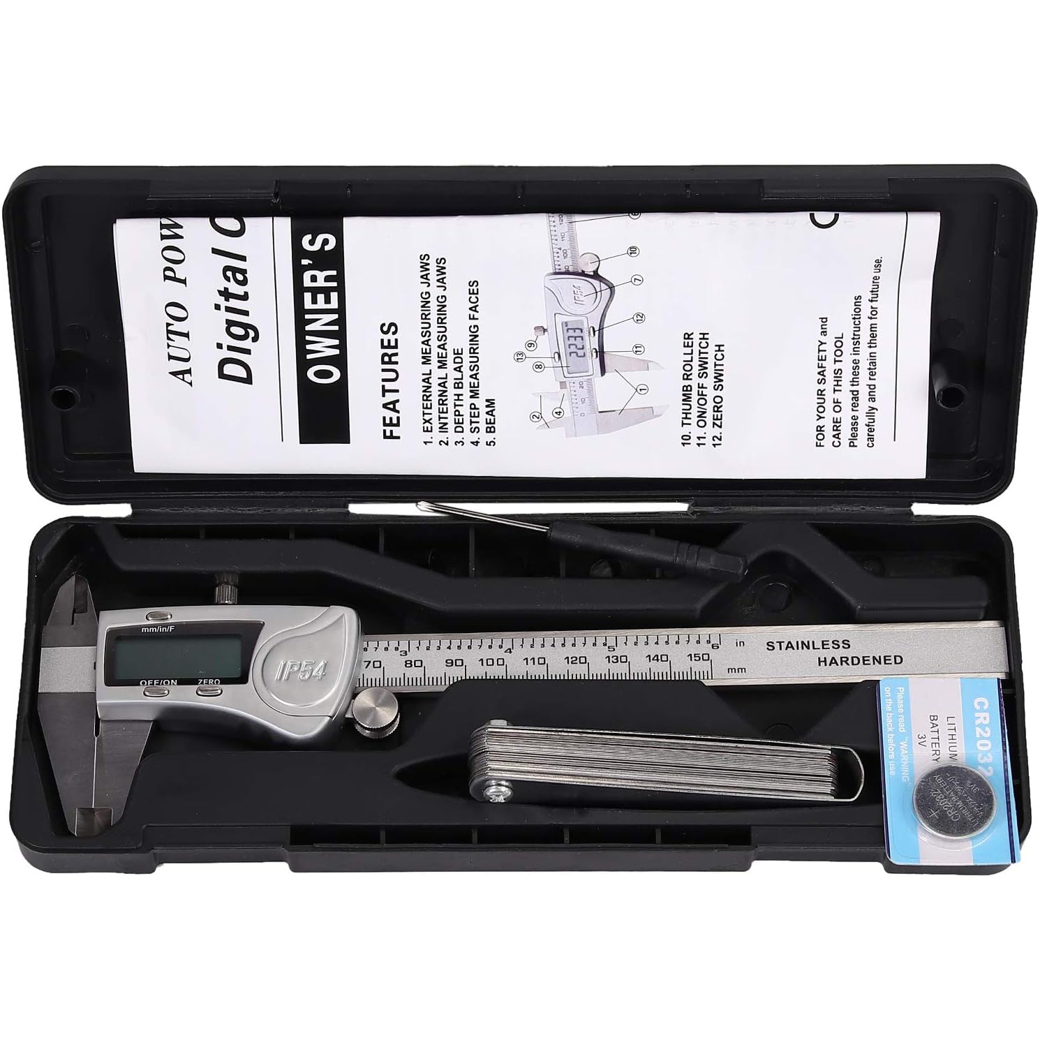 Proster IP54 Digital Caliper 6inch, Vernier Caliper with Large LCD Screen with 32 Blades Feeler Gauge