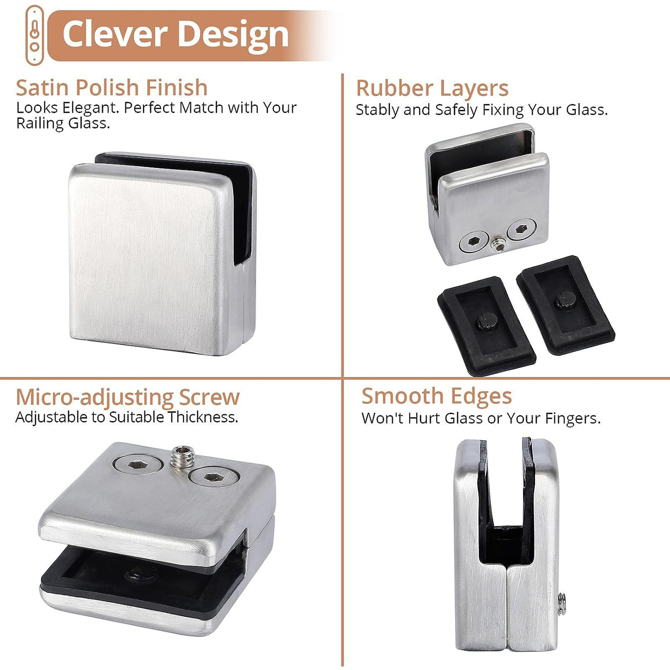 16 PCS 9-10mm Glass Mounting Brackets, Square Glass Clamps