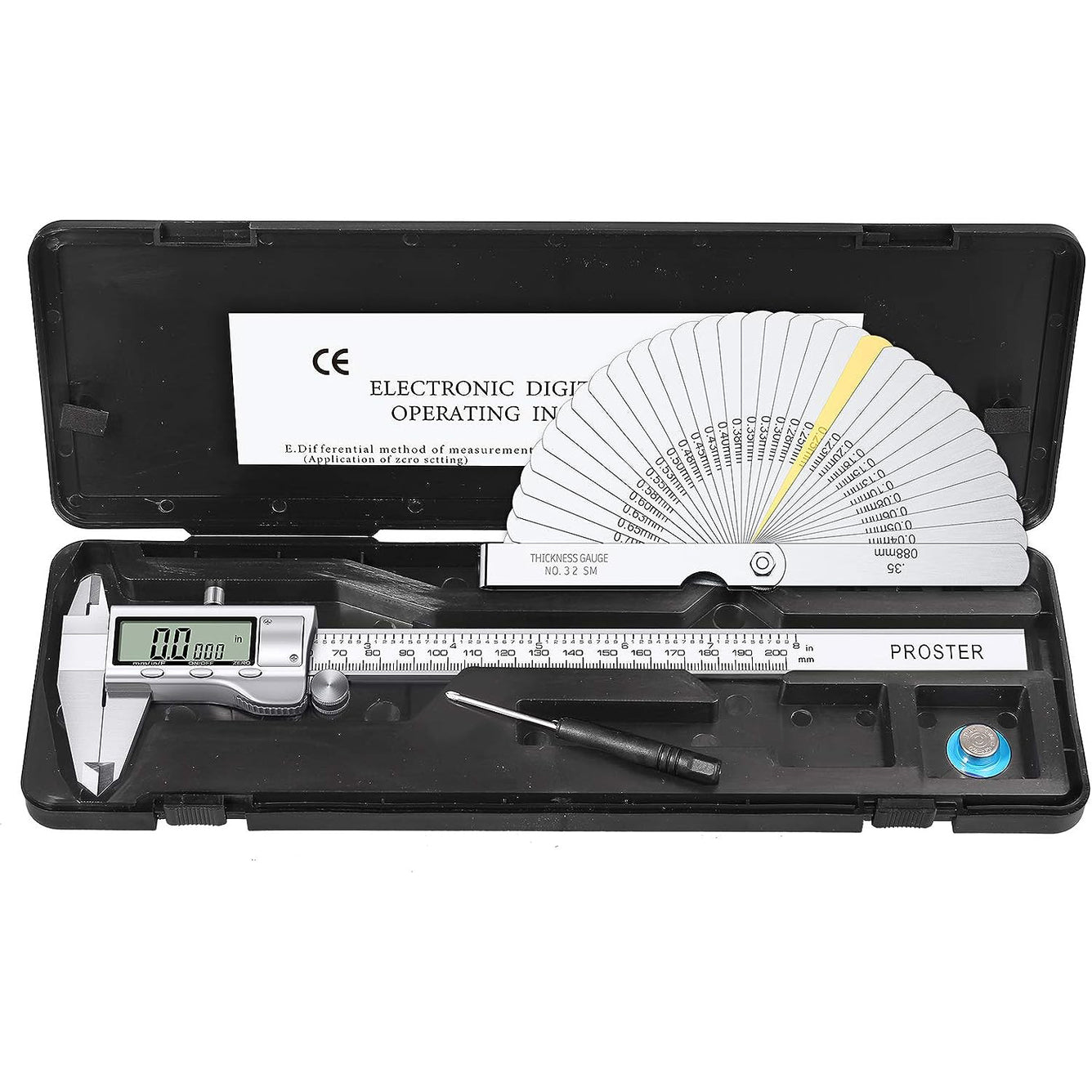 Proster 8inch/200mm Digital Vernier Caliper + 32 Blades Feeler Gauge