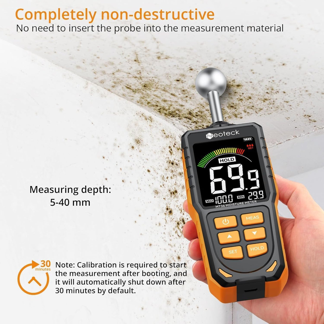 Neoteck Spherical Inductive Moisture Meter 5-40mm Analysis Depth Pinless Moisture Meter with 3-Color LCD Indicator,USB Rechargeable Wood Meter Light and Buzzer Alarm for Wall,Wood,Masonry,Concrete