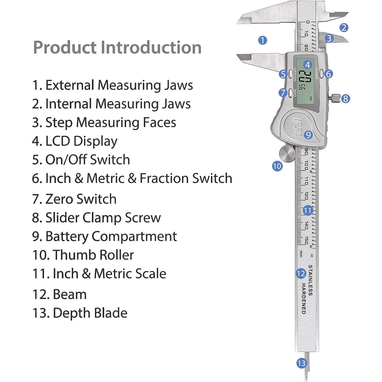 Proster IP54 Digital Caliper 6inch, Vernier Caliper with Large LCD Screen with 32 Blades Feeler Gauge