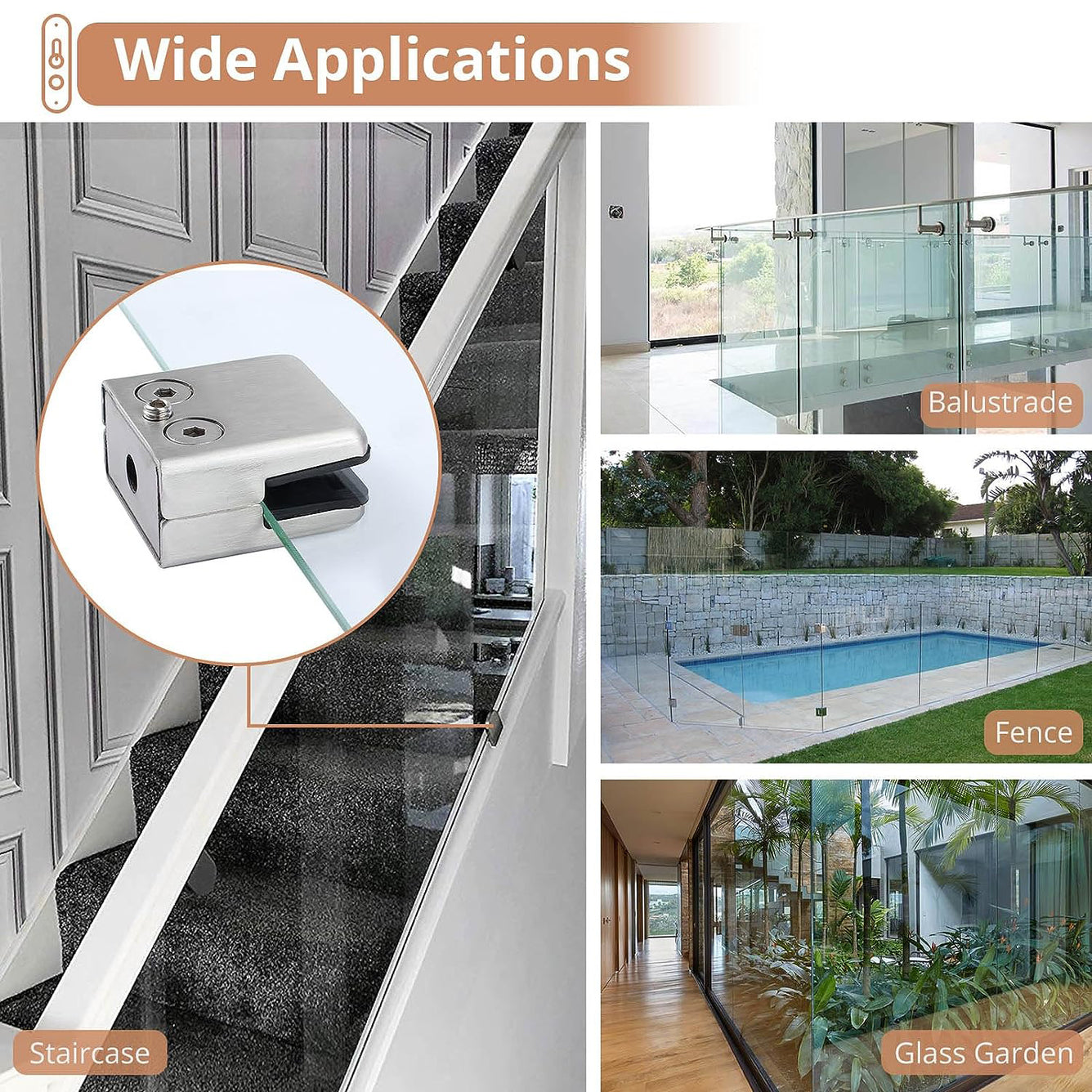 16 PCS 9-10mm Glass Mounting Brackets, Square Glass Clamps