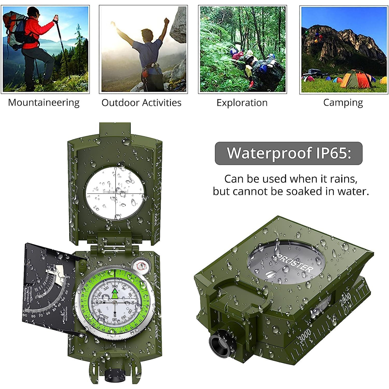 Proster IP65 Hiking Compass with Sighting Clinometer Professional Military Compass ArmyGreen