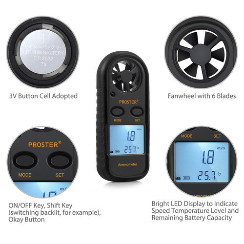 Proster Digital Anemometer Handheld LCD Air Flow Wind Speed Meter Thermometer