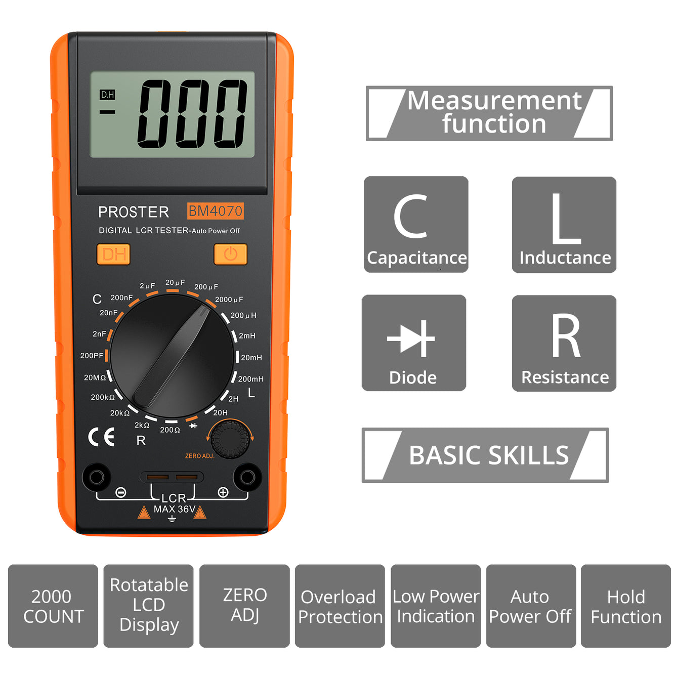 Proster LCR Meter Digital Capacitance Inductance Resistance Tester Orange