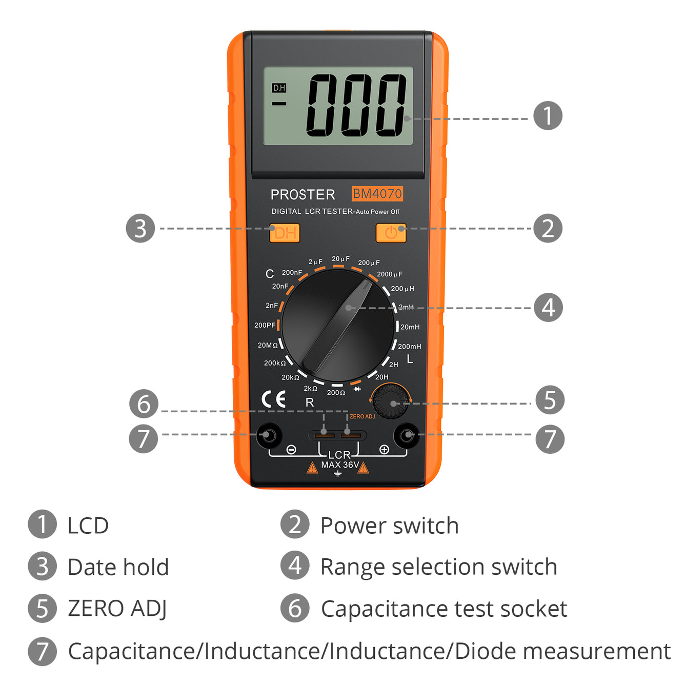 Proster LCR Meter Digital Capacitance Inductance Resistance Tester Orange