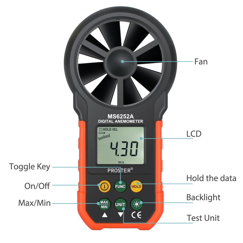 Proster Digital Anemometer MS6252A LCD Backlit