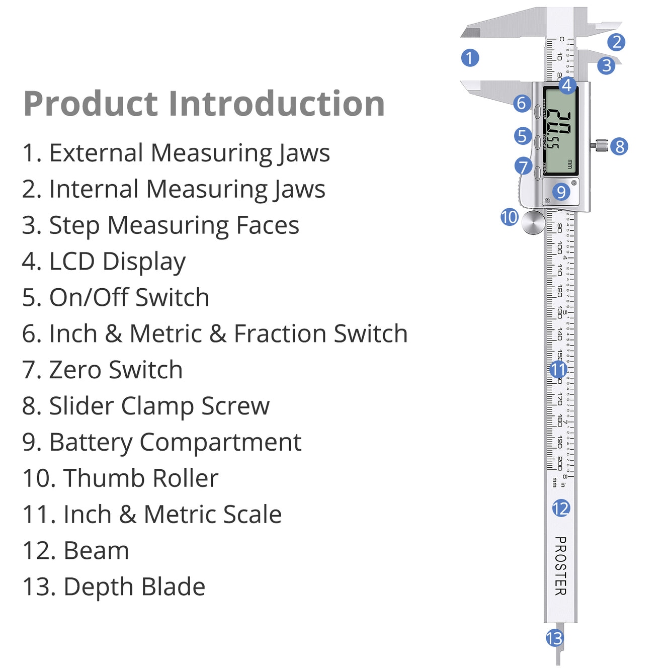 Proster Digital Vernier Caliper 8 Inch/ 200 mm Stainless Steel Electronic Caliper