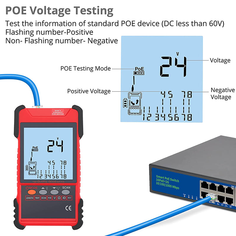 Proster Network Cable Tester PoE Cable Tester & NCV for CAT5 CAT6 CAT7 CAT8