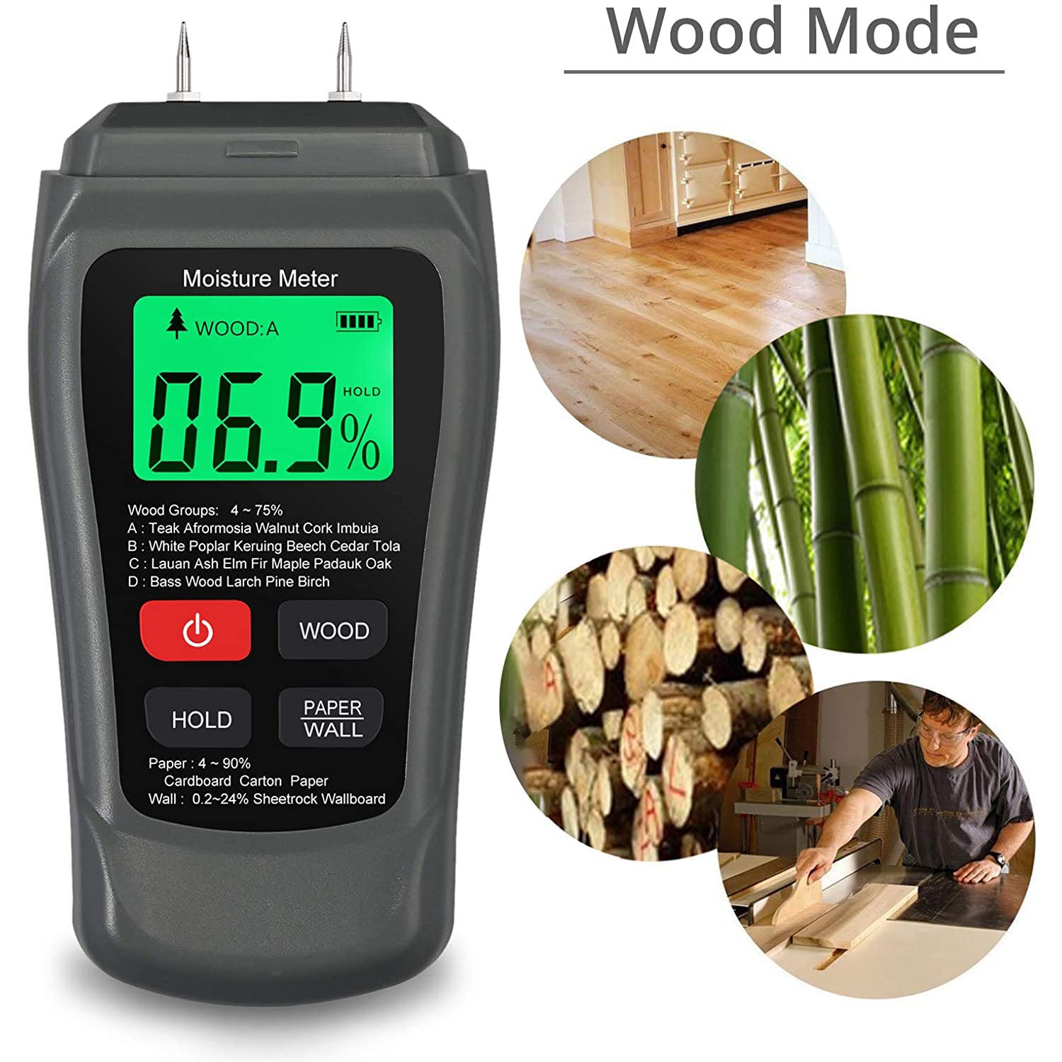 Proster Meter 0-90% Damp Meter Wood Wall Paper Moisture Tester Detector Humidity Measuring Grey