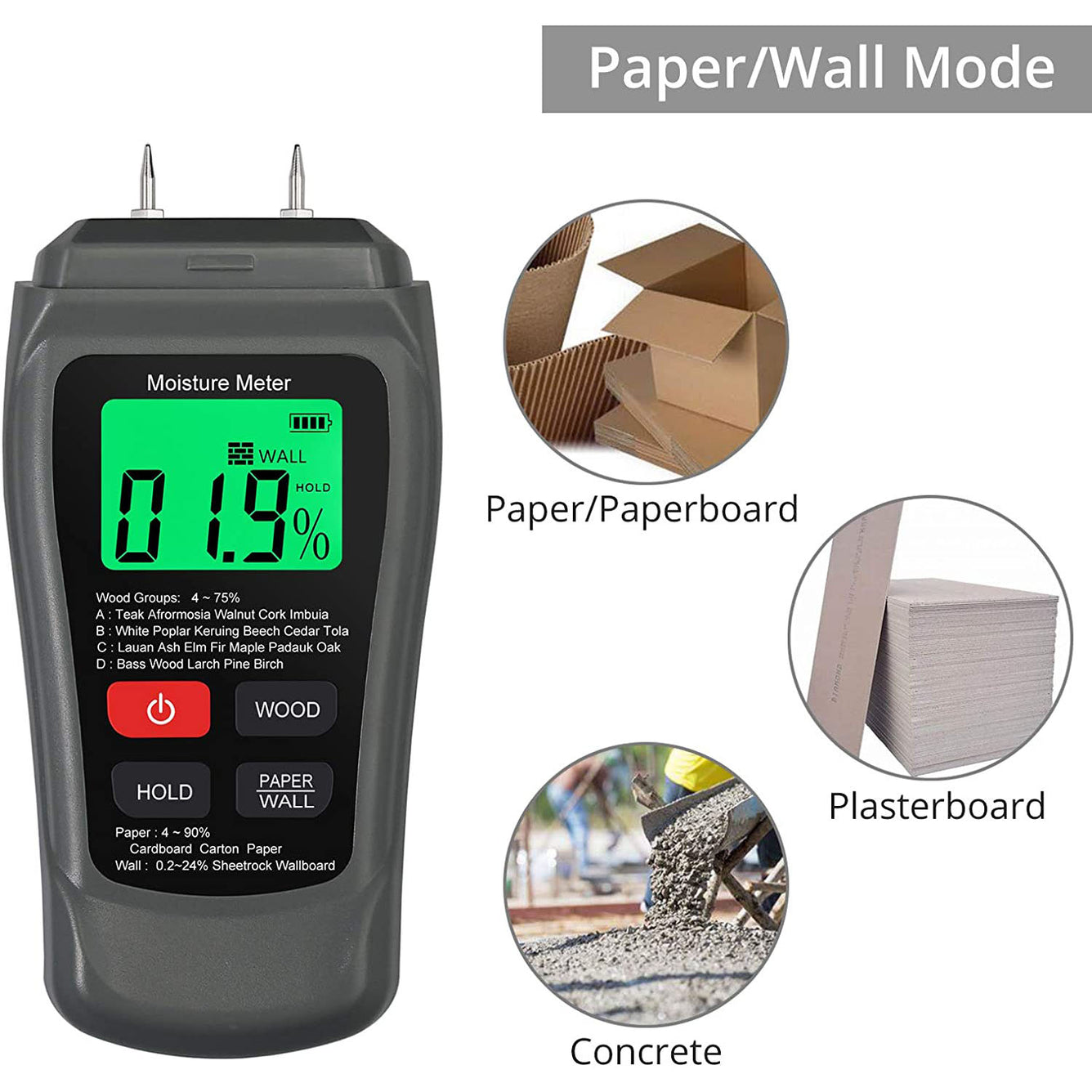 Proster Meter 0-90% Damp Meter Wood Wall Paper Moisture Tester Detector Humidity Measuring Grey