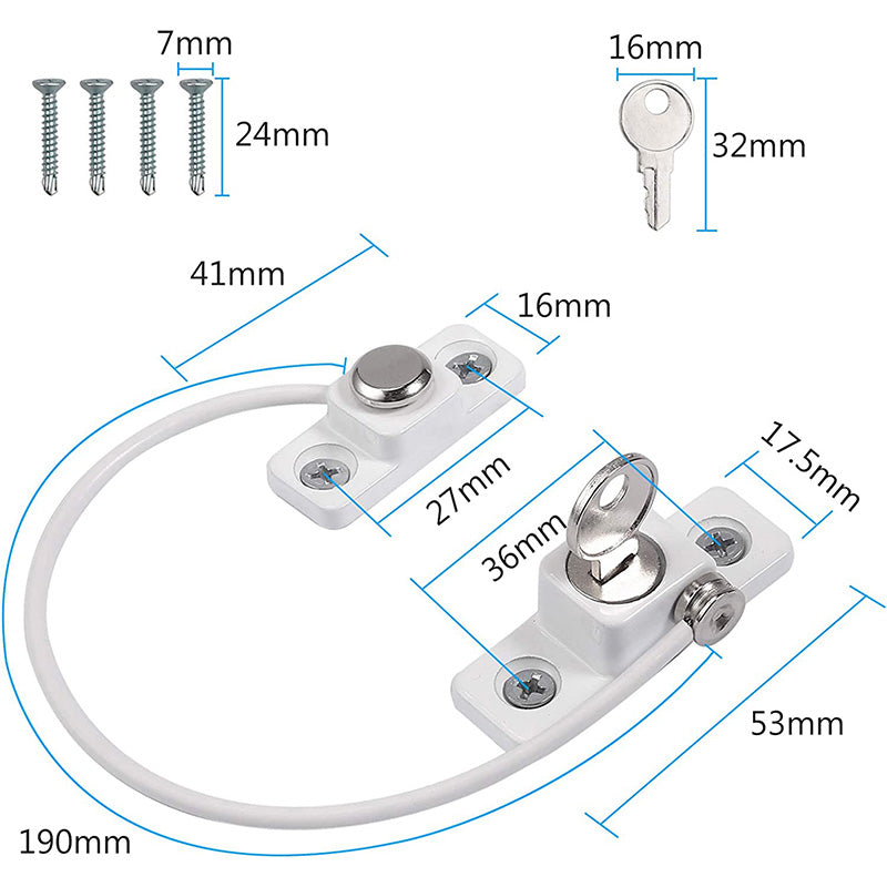 Proster UPVC Window Cable Restrictor Lock with Screws Keys 2 PCS