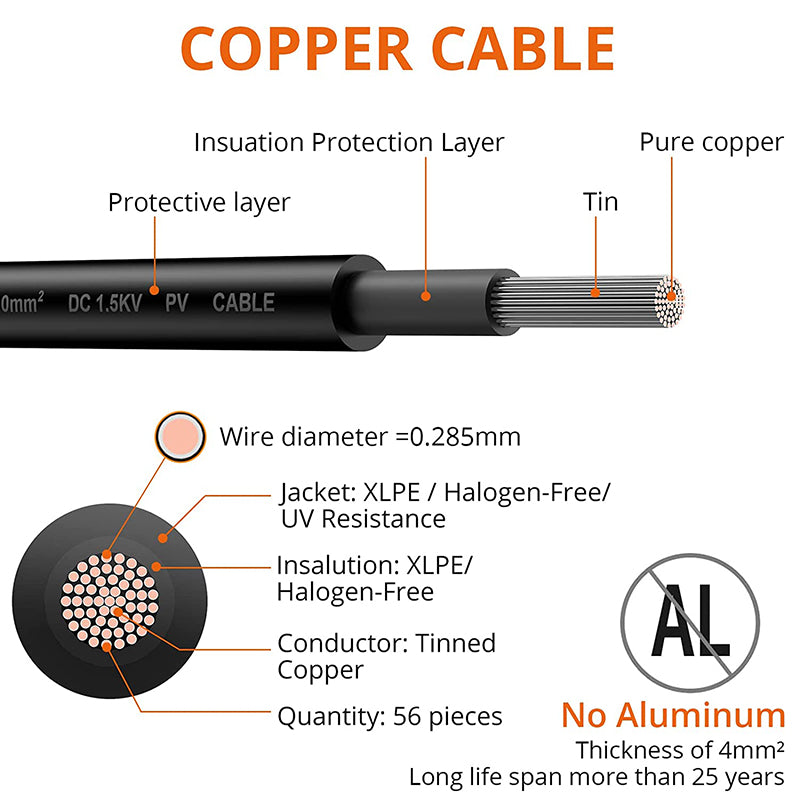 Proster 5m/16ft 12AWG 4mm² Solar Panel Extension Cable (5m Red + 5m Black)
