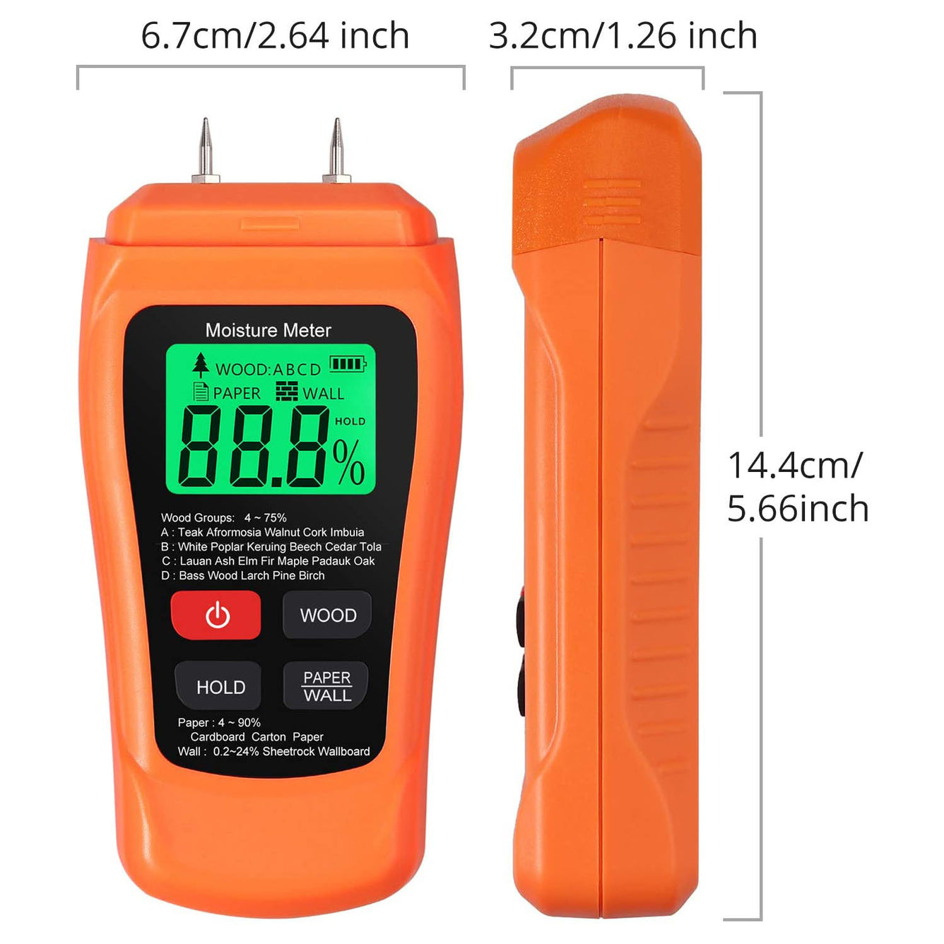 Proster Meter 0-90% Damp Meter Wood Wall Paper Moisture Tester Detector Humidity Measuring Orange