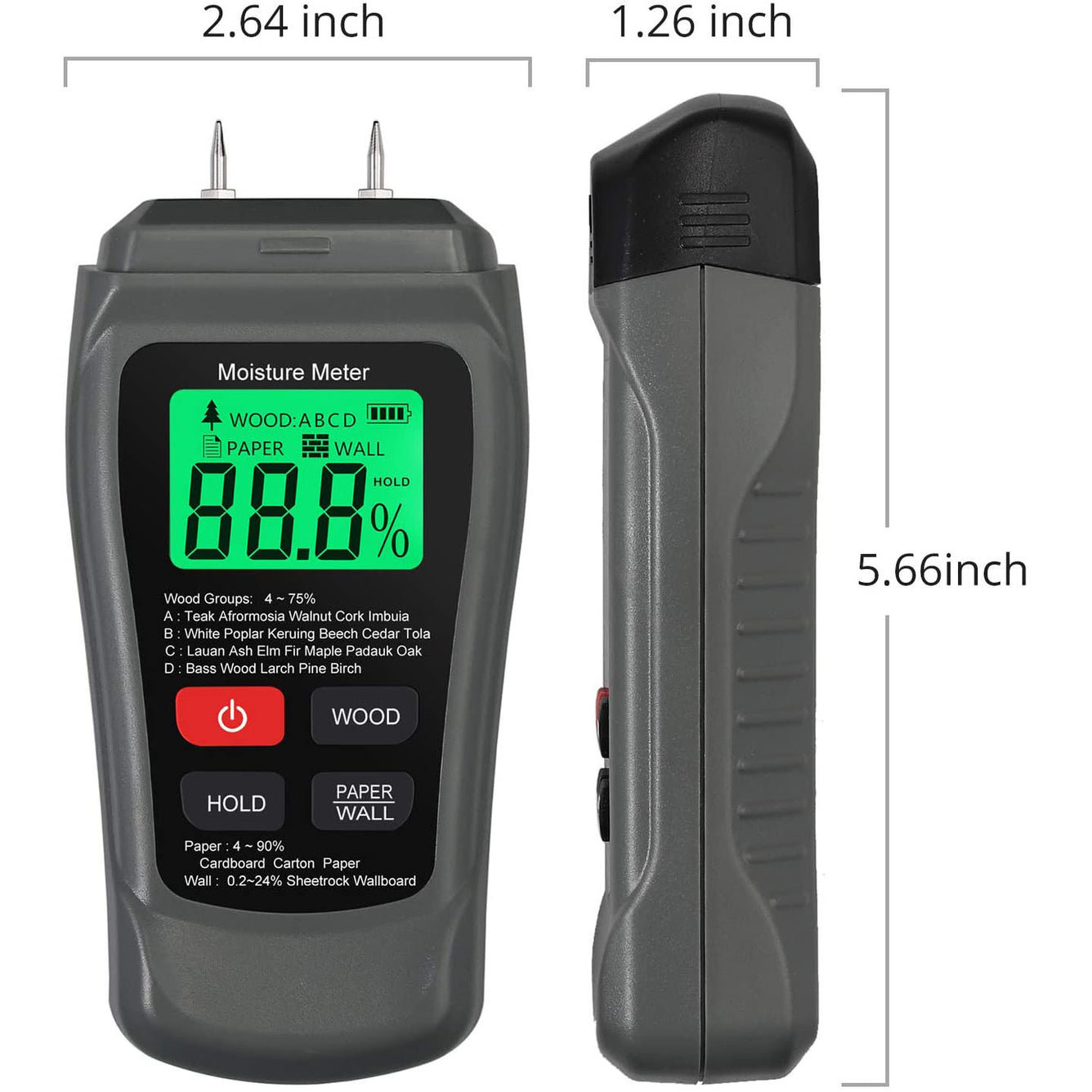 Proster Meter 0-90% Damp Meter Wood Wall Paper Moisture Tester Detector Humidity Measuring Grey