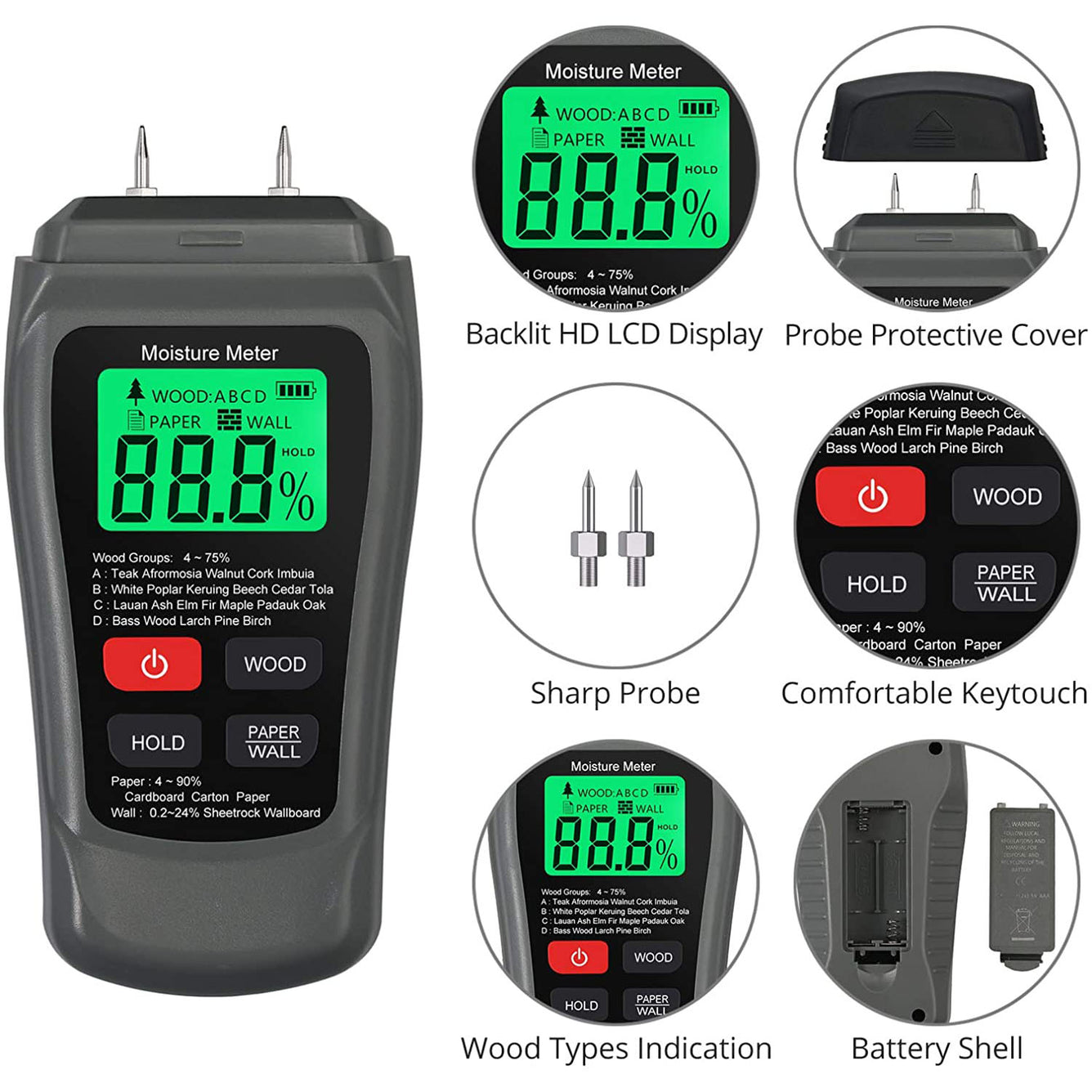 Proster Meter 0-90% Damp Meter Wood Wall Paper Moisture Tester Detector Humidity Measuring Grey