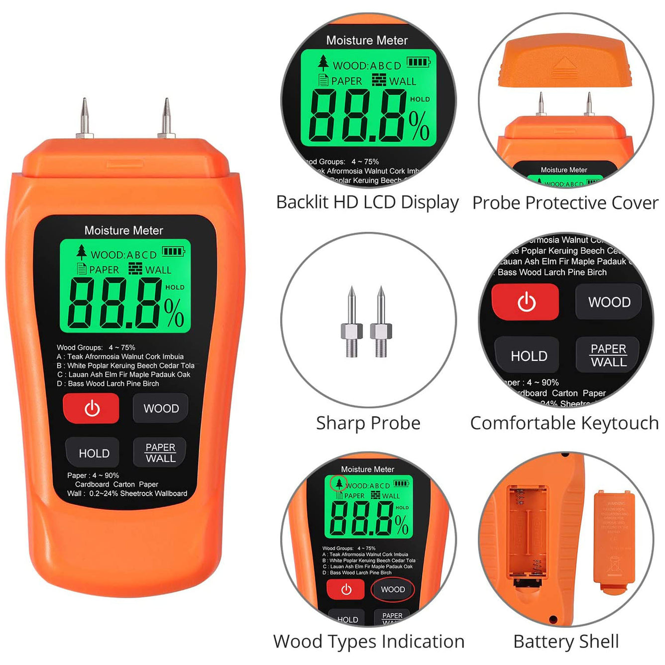 Proster Meter 0-90% Damp Meter Wood Wall Paper Moisture Tester Detector Humidity Measuring Orange