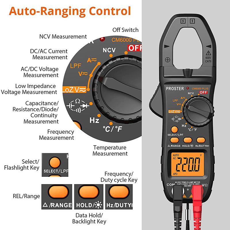 Proster Clamp Meter TRMS 6000 Counts Support LPF LOZ Test Multimeter