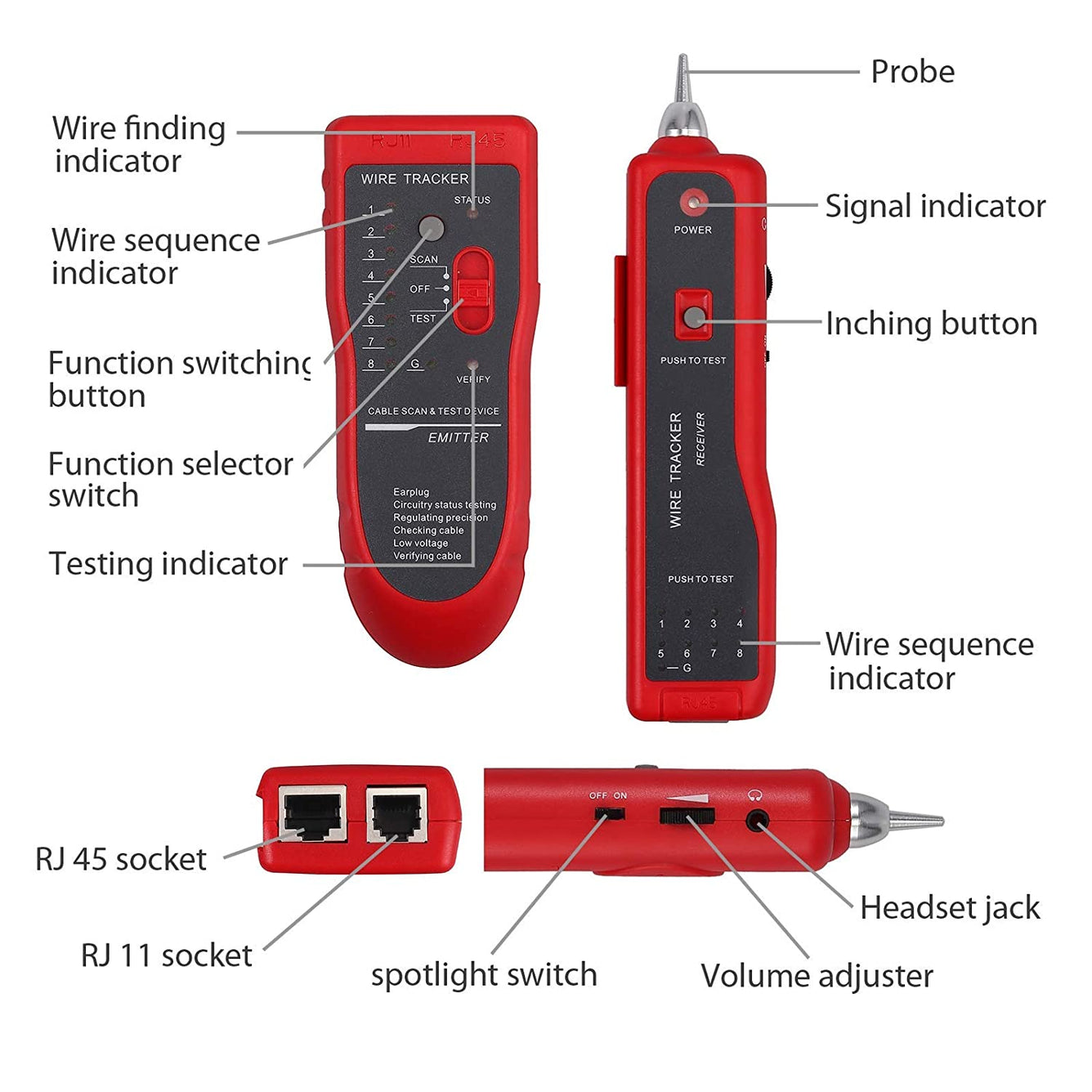 Proster Wire Tracker RJ11 RJ45 Cable Tester (Red)