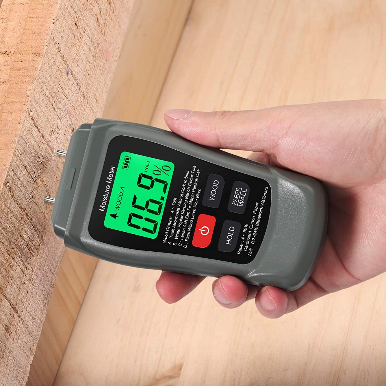 Proster Meter 0-90% Damp Meter Wood Wall Paper Moisture Tester Detector Humidity Measuring Grey