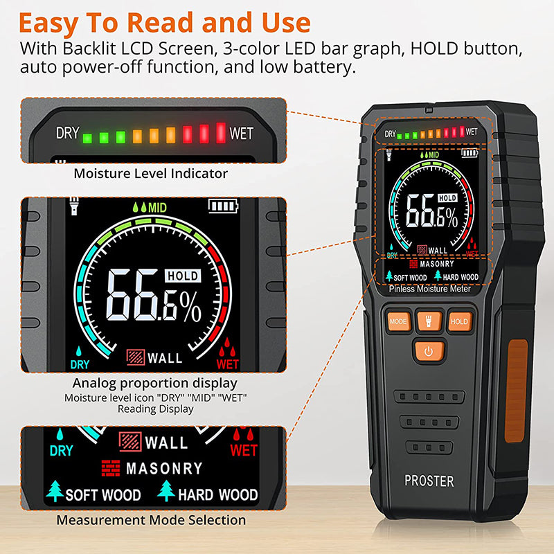 Proster Pinless Moisture Meters with Backlit LCD Screen Non-Invasive