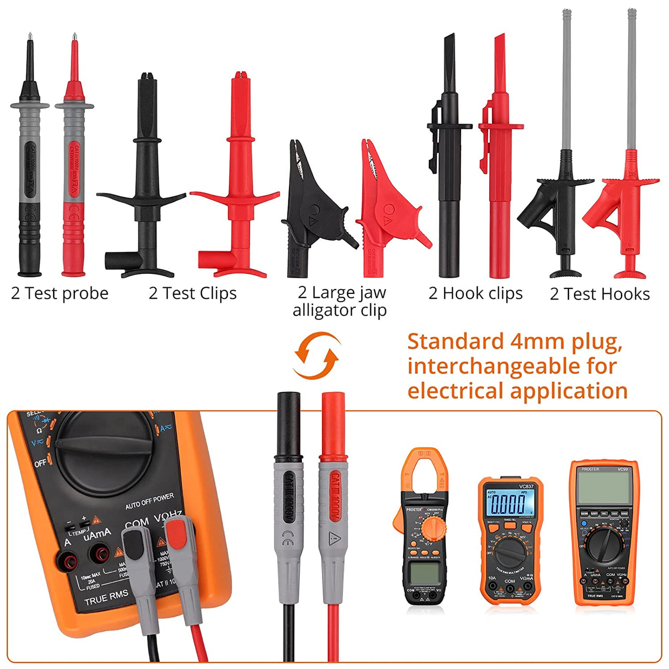 Proster Multimeter Test Leads Set with Alligator Clips Test Hook Test Probes Lead Professional Electrical Test Leads with Storage Pouch