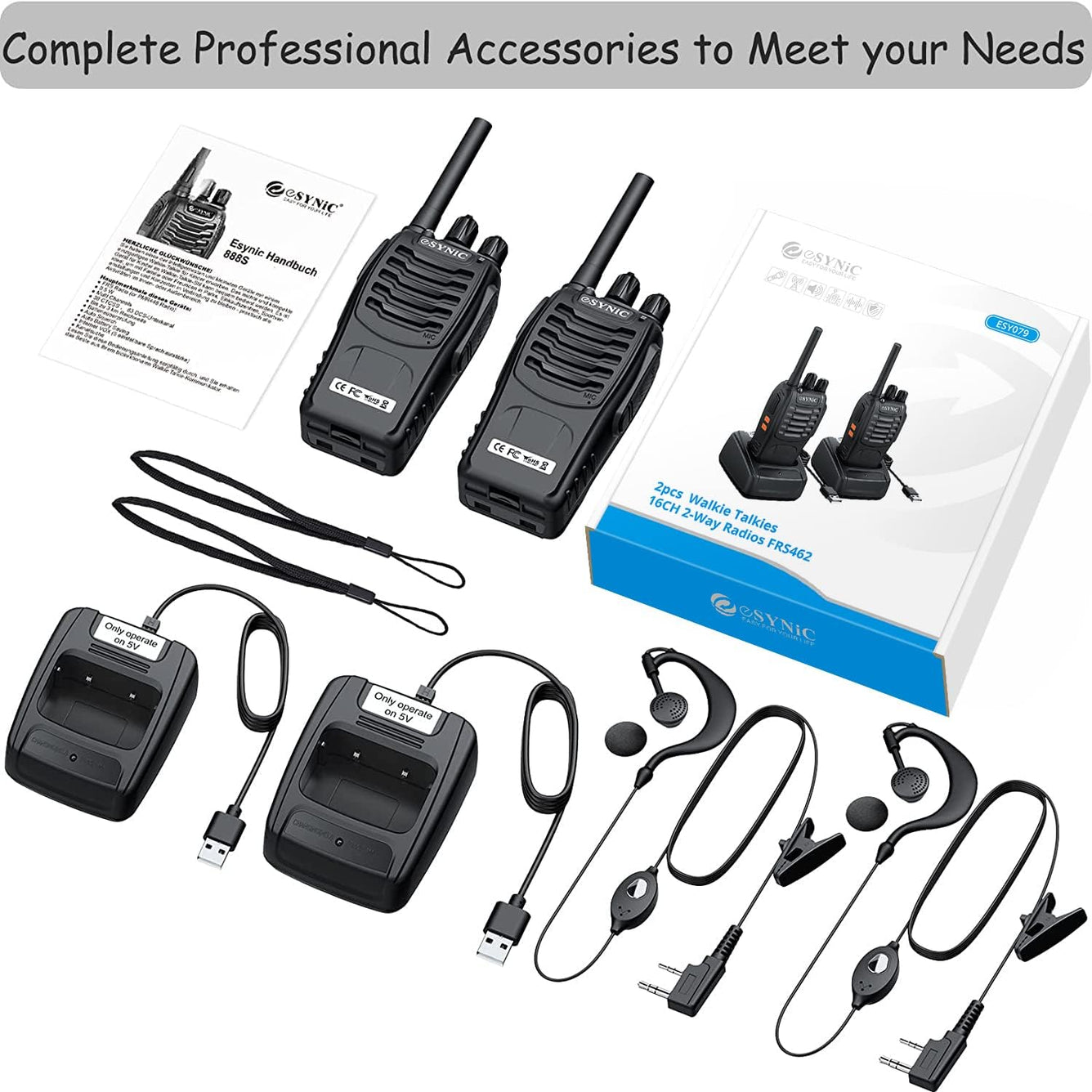 eSynic Professional Rechargeable Walkie Talkies - Long Range 2 Way Radio for Adults with VOX, 16 Channels, LED Light, Original Earpieces, Durable Design, and Portable Audio