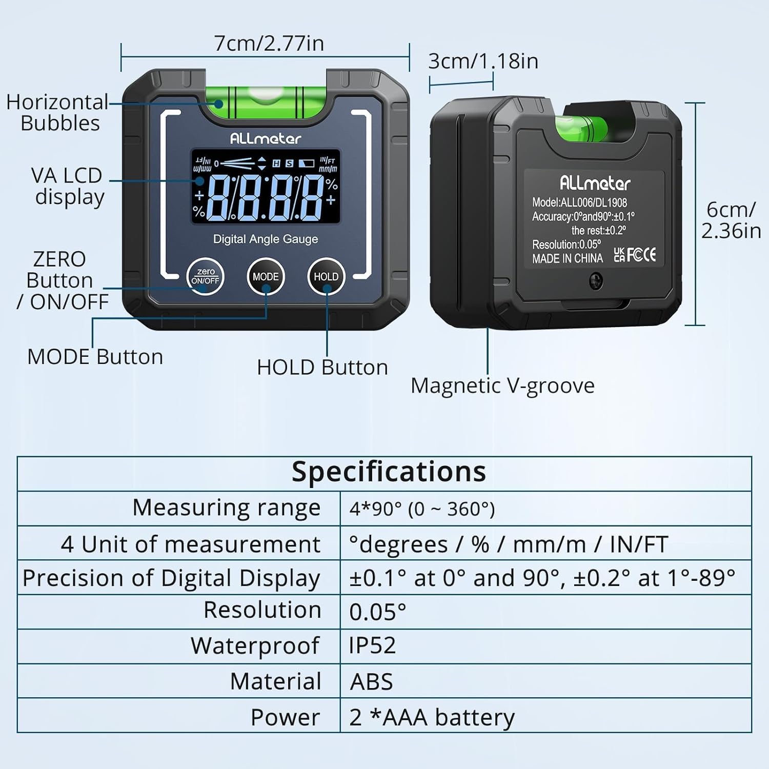 0-360°(4 * 90°) Digital Angle Finder Level Magnetic Electronic Gauge Inclinometer Protractor Tool with Bubble Level and Magnetic Base LCD Backlight For Construction Carpenter Craftsman Home