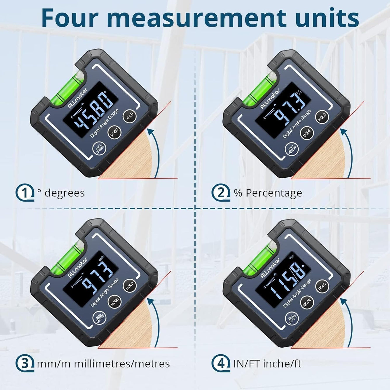 0-360°(4 * 90°) Digital Angle Finder Level Magnetic Electronic Gauge Inclinometer Protractor Tool with Bubble Level and Magnetic Base LCD Backlight For Construction Carpenter Craftsman Home