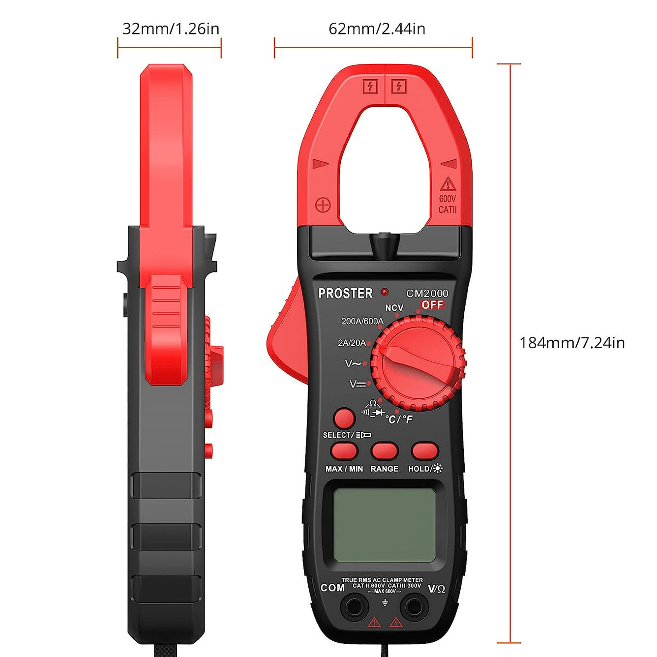 Proster Clamp Meter TRMS 2000Counts 600A AC Current AC/DC Voltage