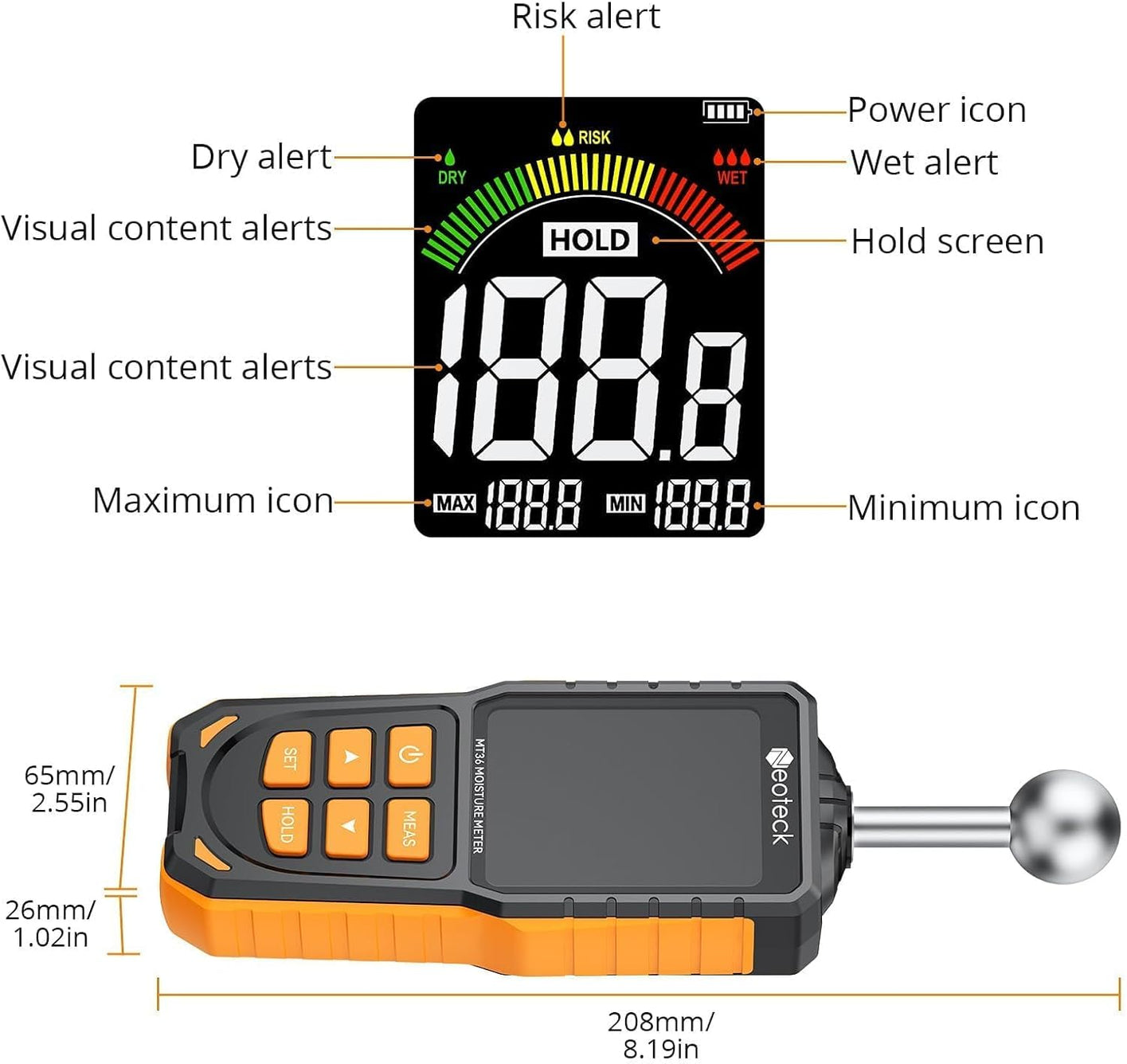 Neoteck Spherical Inductive Moisture Meter 5-40mm Analysis Depth Pinless Moisture Meter with 3-Color LCD Indicator,USB Rechargeable Wood Meter Light and Buzzer Alarm for Wall,Wood,Masonry,Concrete