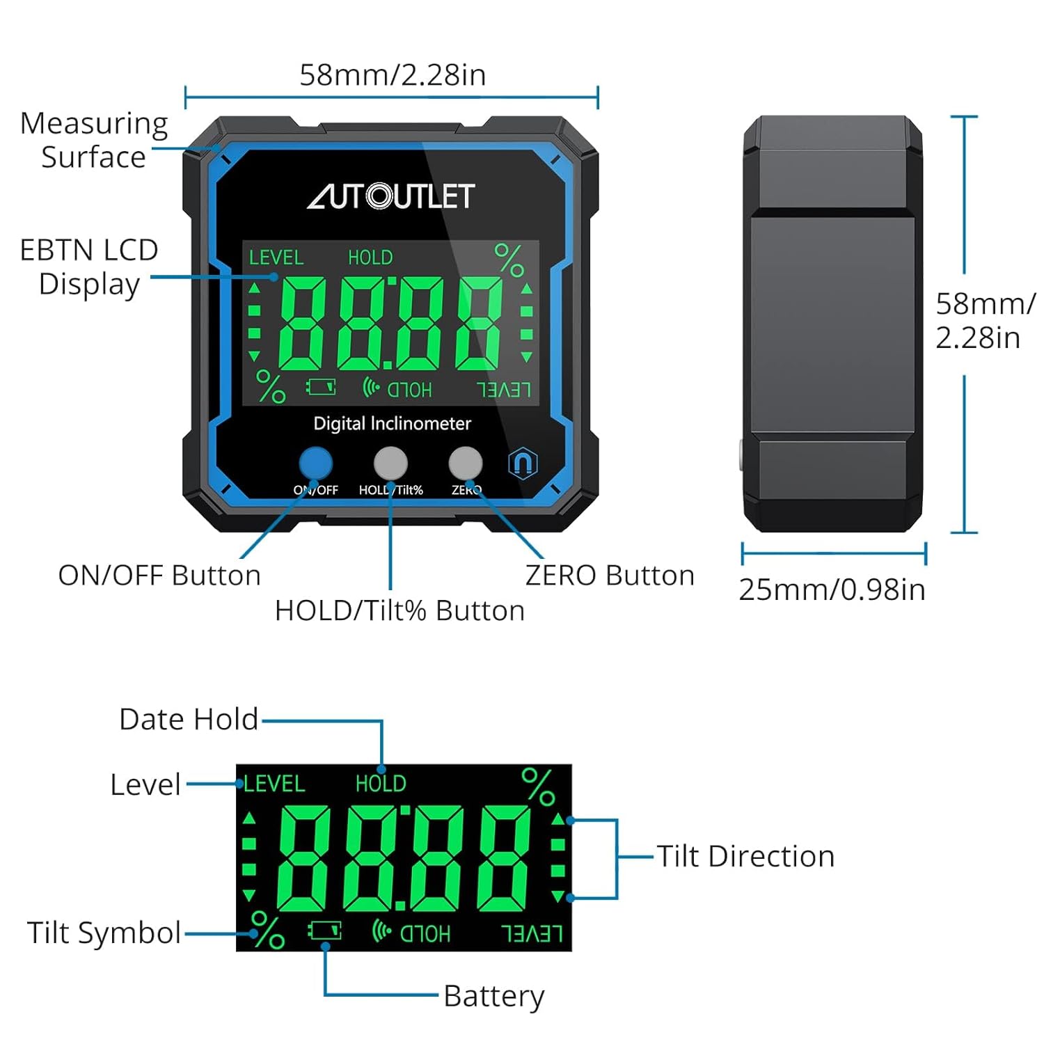 AUTOUTLET Digital Angle Gauge Magnetic Angle Finder with Backlight Display Mini Inclinometer Digital Protractor IP54 Waterproof for Woodworking