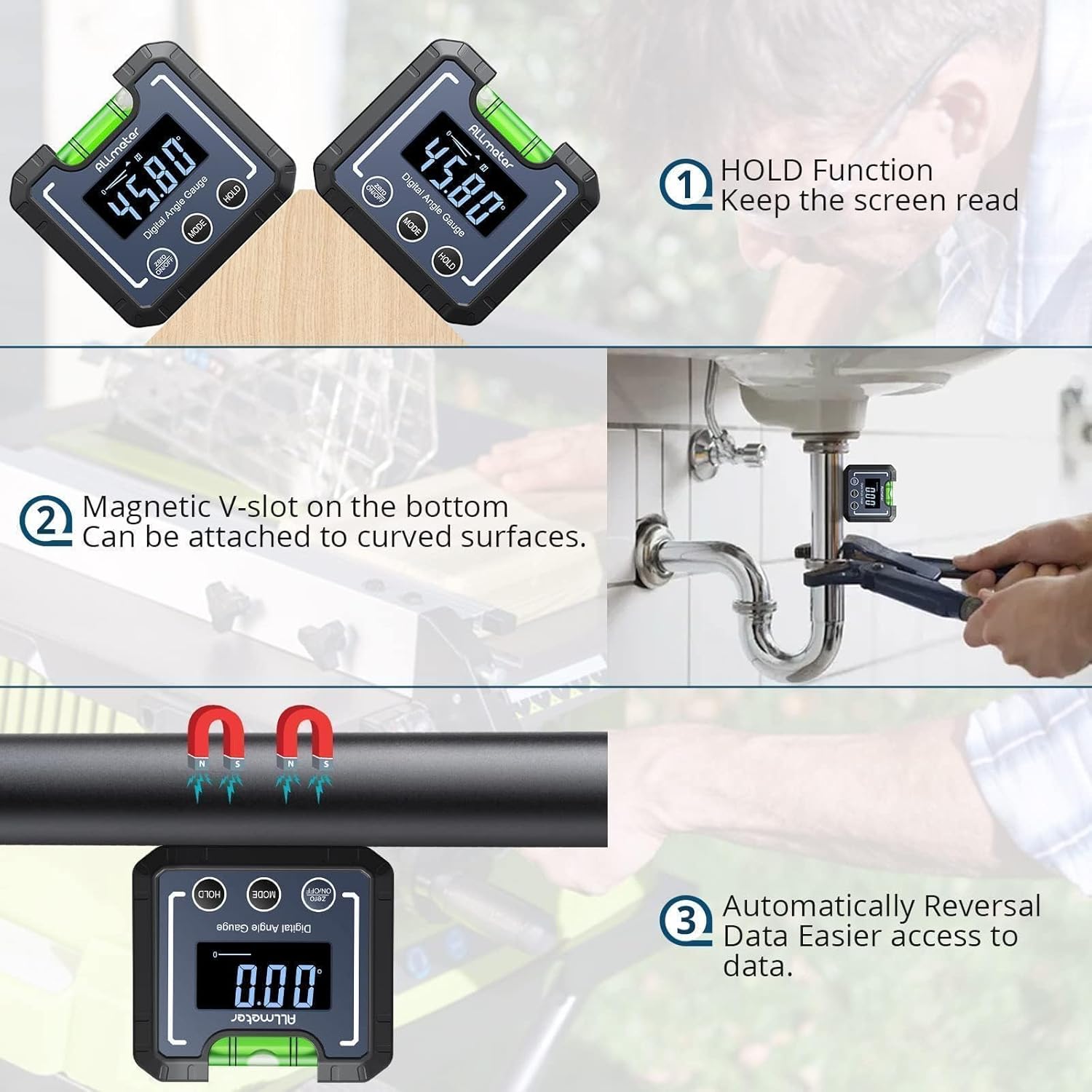 0-360°(4 * 90°) Digital Angle Finder Level Magnetic Electronic Gauge Inclinometer Protractor Tool with Bubble Level and Magnetic Base LCD Backlight For Construction Carpenter Craftsman Home