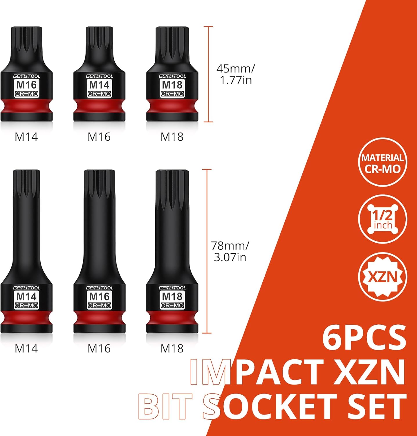 GETLITOOL 6Pcs Impact XZN Bit Socket Set M14-M18, 1/2