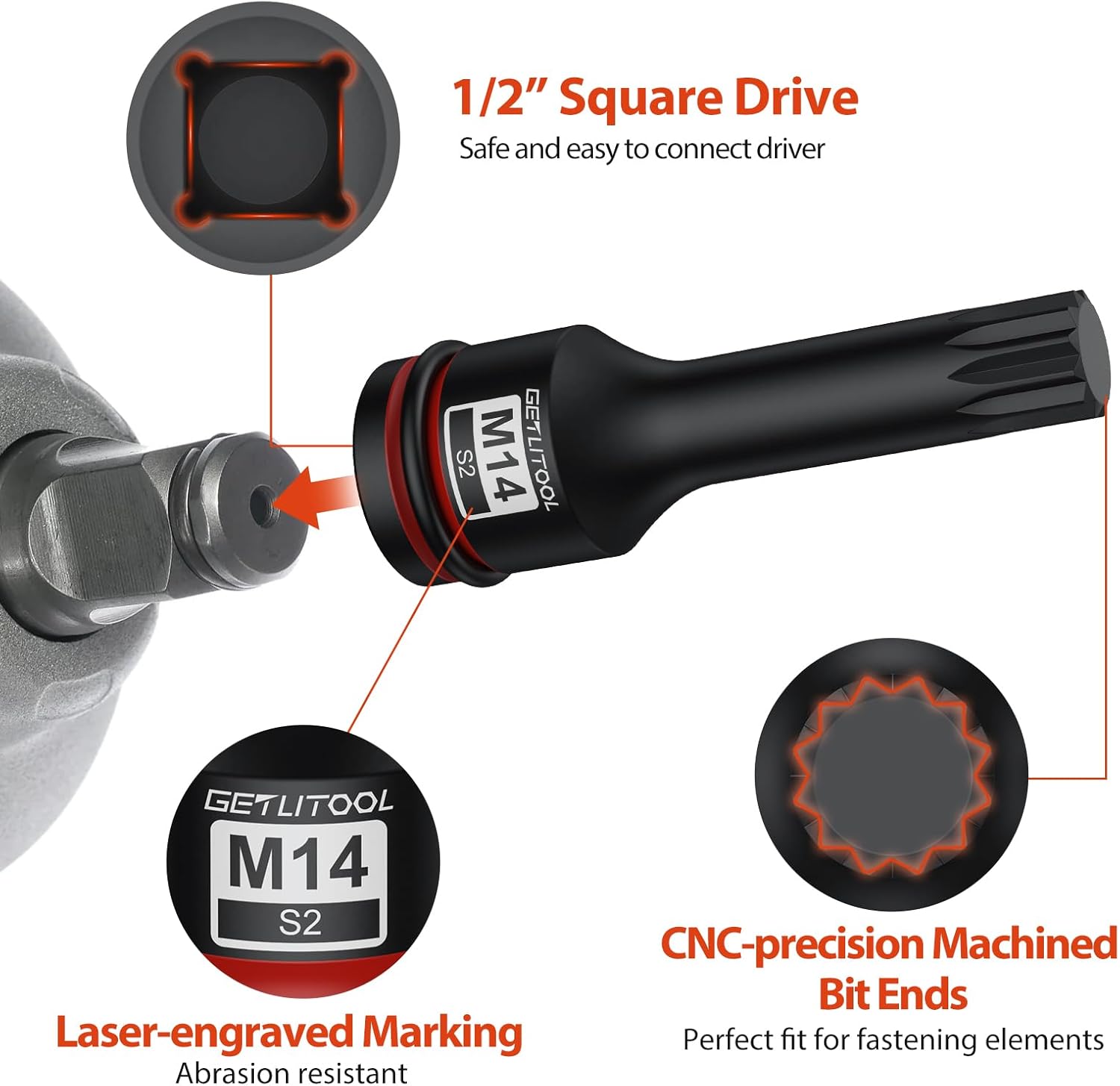 GETLITOOL 10Pcs Impact XZN Bit Socket Set, 1/2