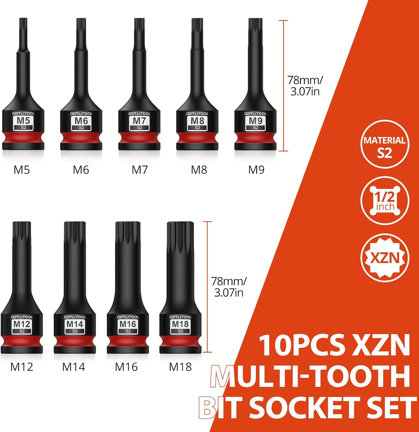 GETLITOOL 10Pcs Impact XZN Bit Socket Set, 1/2