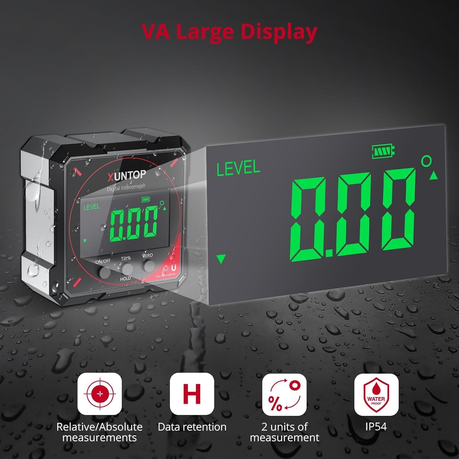 4 * 90°Digital Angle Finder 4-side Strong Magnetic（No Laser） Digital Protractor with LCD Display Rechargeable Level Box IP54 Waterproof Angle Measuring Tool for Woodworking, Construction DIY