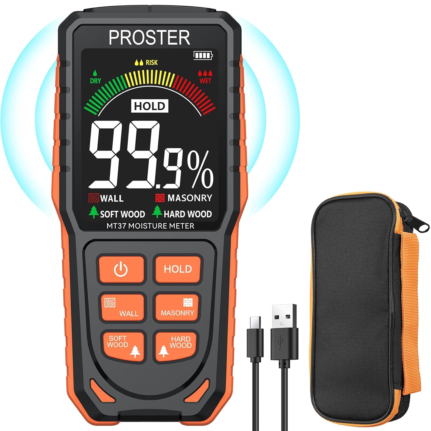 Proster Moisture Meter - Pinless and Non Destructive Wood Moisture Meter for Softwoods Hardwoods Walls Digital Moisture Tester for Drywall Wood Masonry