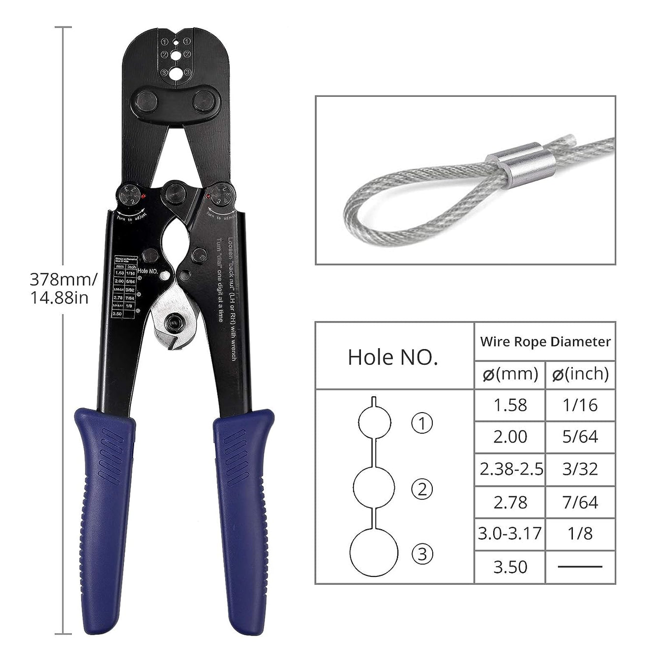Proster 2 in 1 Wire Rope Crimping Tool Cutter from 1/16inch to 1/8inch