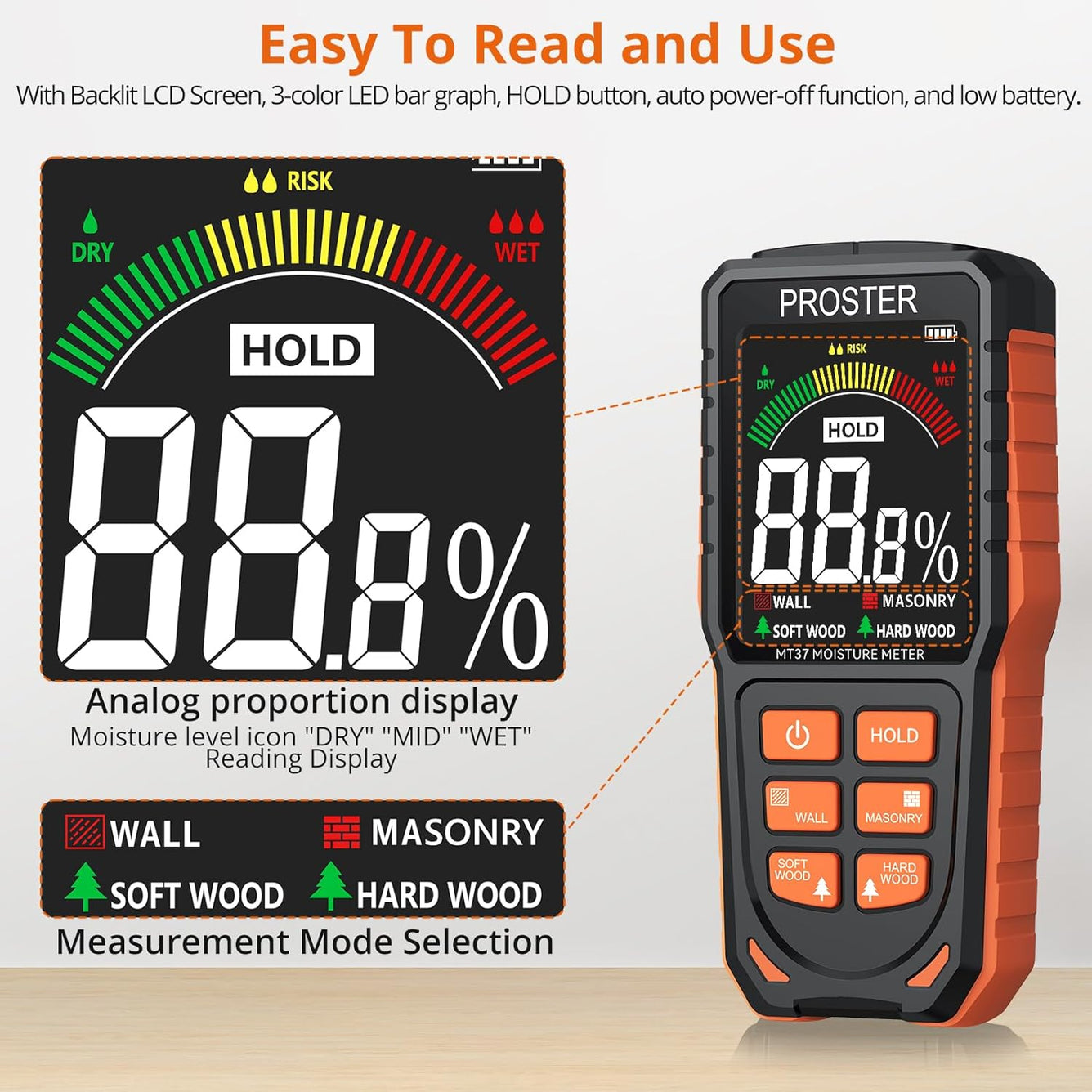 Proster Moisture Meter - Pinless and Non Destructive Wood Moisture Meter for Softwoods Hardwoods Walls Digital Moisture Tester for Drywall Wood Masonry