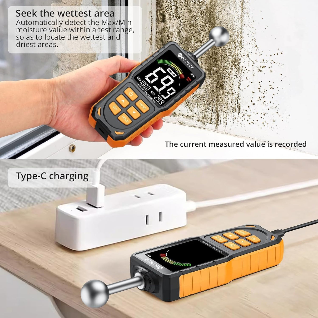 Neoteck Spherical Inductive Moisture Meter 5-40mm Analysis Depth Pinless Moisture Meter with 3-Color LCD Indicator,USB Rechargeable Wood Meter Light and Buzzer Alarm for Wall,Wood,Masonry,Concrete