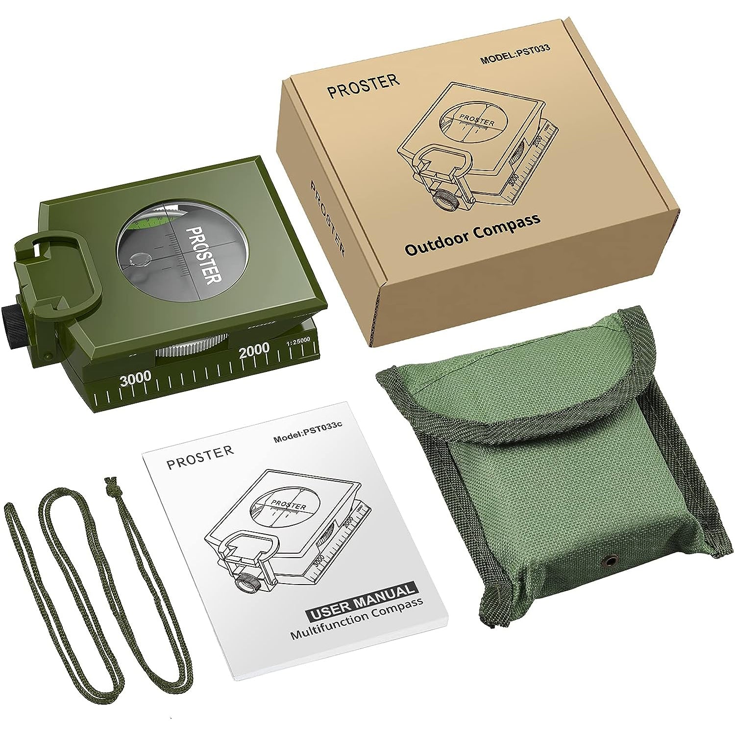 Proster IP65 Hiking Compass with Sighting Clinometer Professional Military Compass ArmyGreen