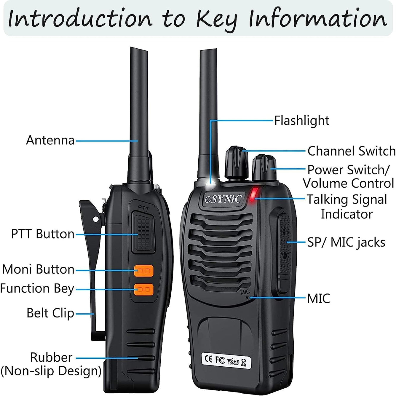eSynic Professional Rechargeable Walkie Talkies - Long Range 2 Way Radio for Adults with VOX, 16 Channels, LED Light, Original Earpieces, Durable Design, and Portable Audio